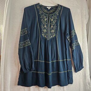 J. Jill Women Blue Tunic Top Floral Embroidery Boho Peasant Tall L Blouse